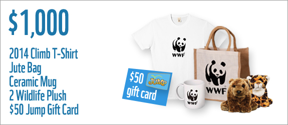 $1000 gets you a 2014 t-shirt, jute bag, ceramic mug, 2 wildlife plush and a $50 Jump Gift Card