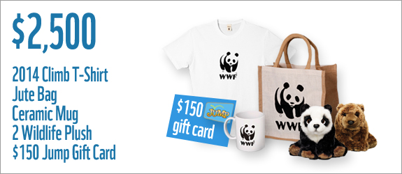 $2500 gets you a 2014 t-shirt, jute bag, ceramic mug, 2 wildlife plush and a $150 Jump Gift Card