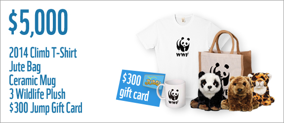 $5000 gets you a 2014 t-shirt, jute bag, ceramic mug, 3 wildlife plush and a $300 Jump Gift Card