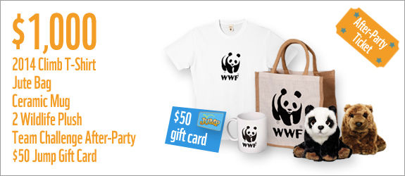 $1000 gets you a 2014 t-shirt, jute bag, ceramic mug, 2 wildlife plush, team challenge after-party and a $50 Jump gift card