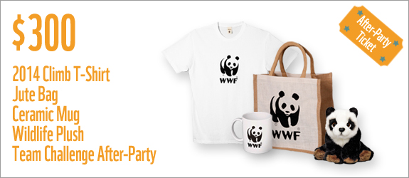 $300 gets you a 2014 t-shirt, jute bag, ceramic mug, wildlife plush and team challenge after-party