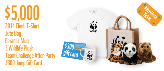 $5000 gets you a 2014 t-shirt, jute bag, ceramic mug, 3 wildlife plush, team challenge after-party and a $300 Jump gift card